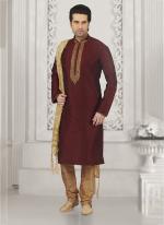 Banarasi Silk Casual Wear Embroidery Work Wine Kurta Pajama