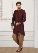 Wine Banarasi Silk Wedding Wear Embroidery Work Kurta Pajama