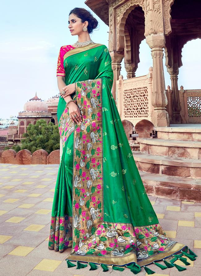 Wedding Wear Green Silk Embroidery Work Saree