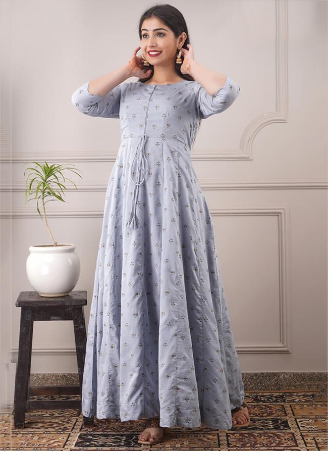 Light Grey Chanderi Casual Wear Foil Printed Gown