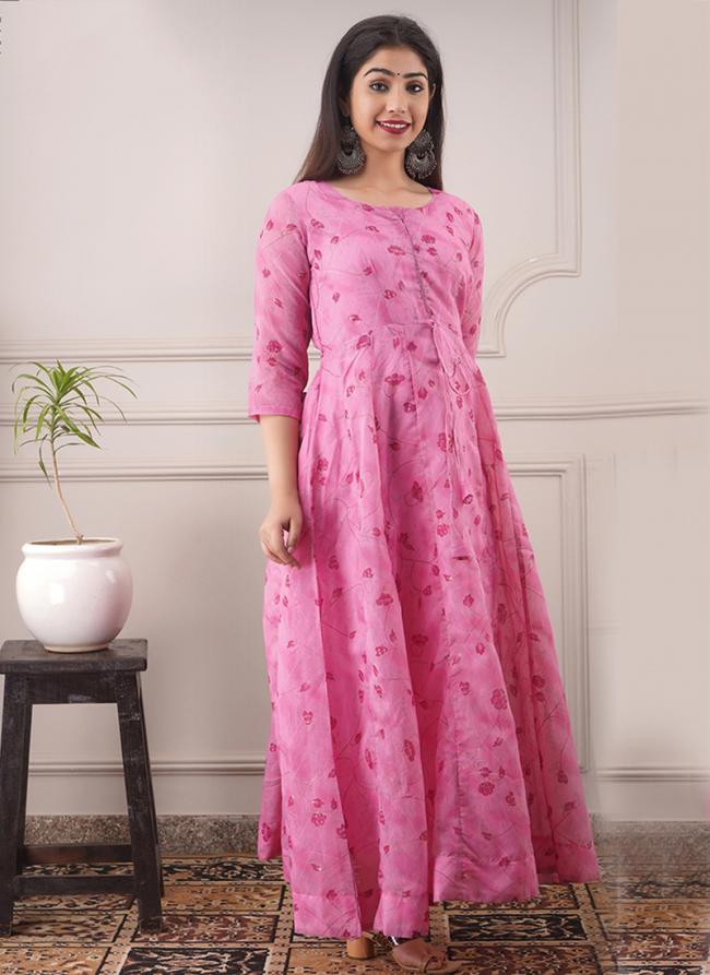 Pink Chanderi Casual Wear Foil Printed Gown