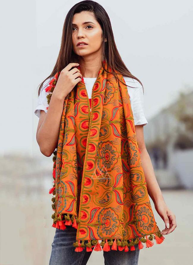 Mustard Khadi Casual Wear Embroidery Work Dupatta