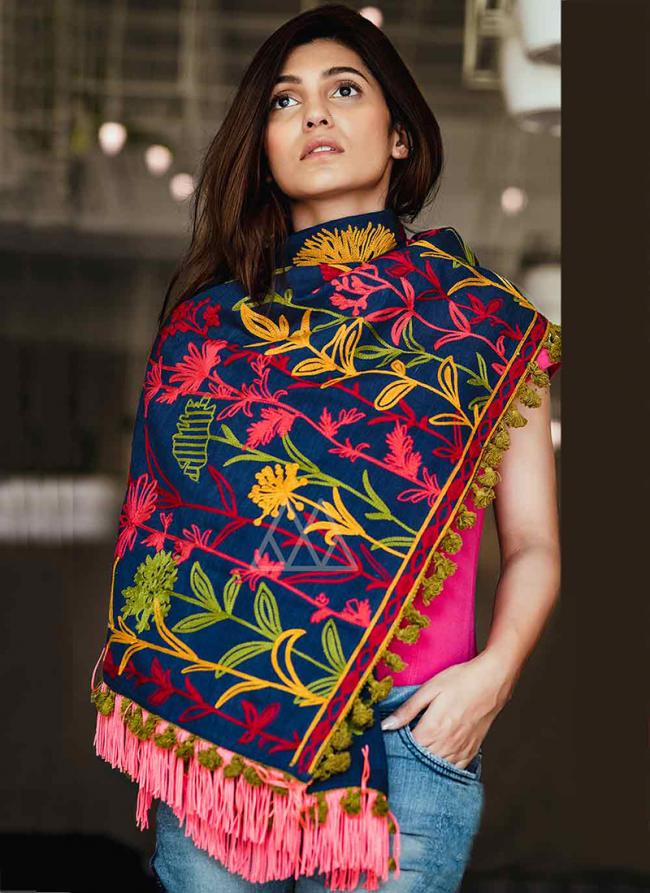 Navy Blue Khadi Casual Wear Embroidery Work Dupatta