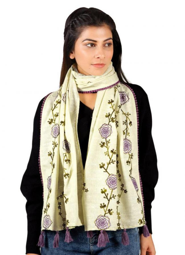 Cream Khadi Cotton Casual Wear Embroidery Work Dupatta