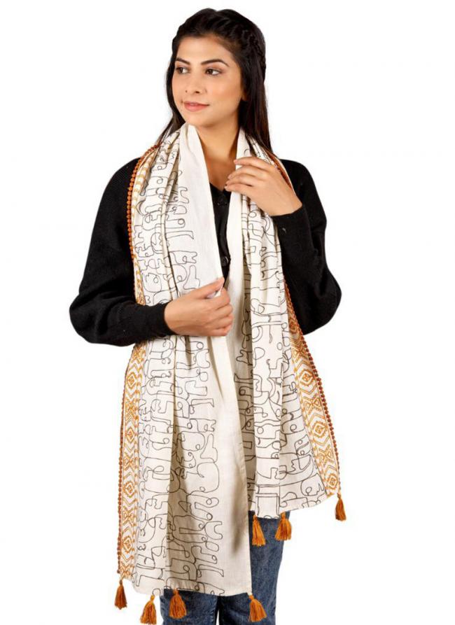 White Cotton Khadi Casual Wear Embroidery Work Dupatta