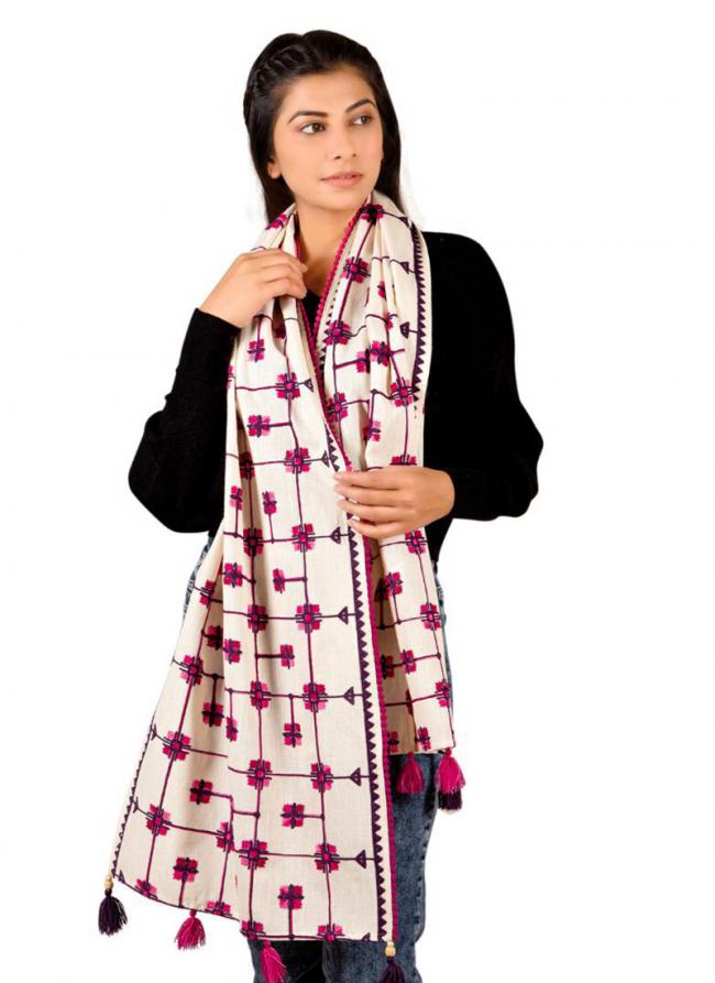 White Khadi Cotton Casual Wear Embroidery Work Dupatta