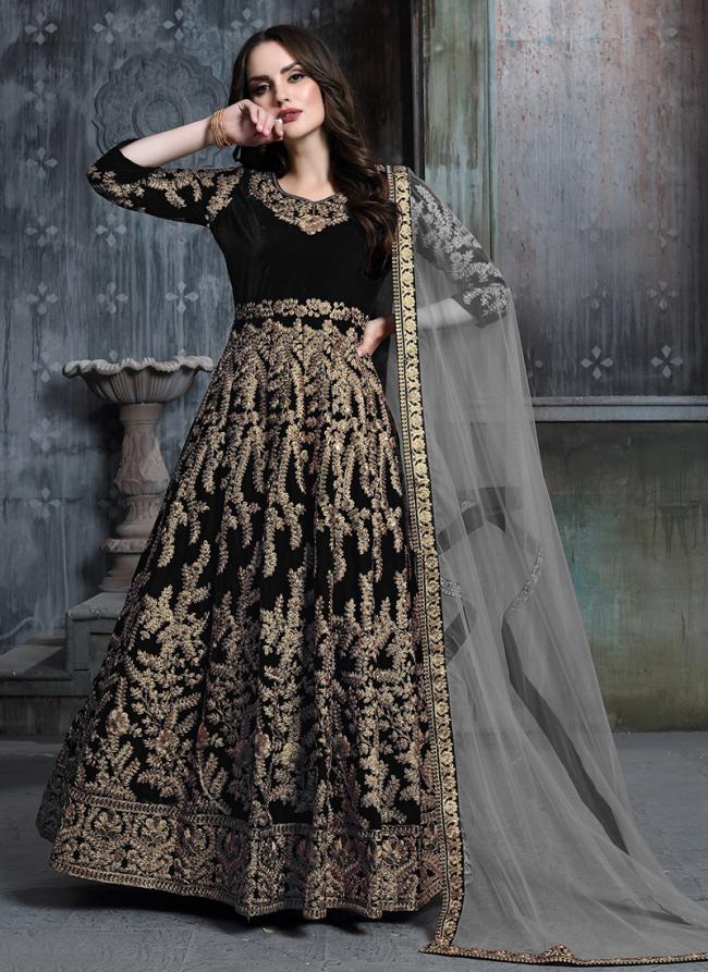 Black Velvet Reception Wear Embroidery Work Anarkali Suit