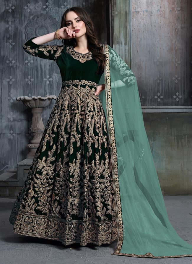 Green Velvet Reception Wear Embroidery Work Anarkali Suit