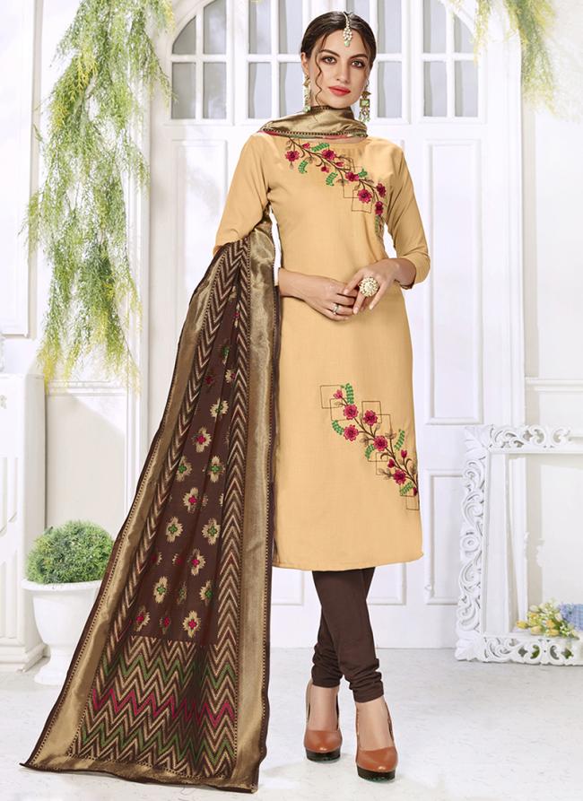 Beige Cotton Casual Wear Embroidery Work Churidar Suit