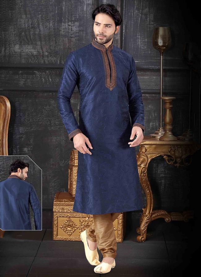 Navy Blue Art Silk Festival Wear Embroidery Work Kurta Pajama