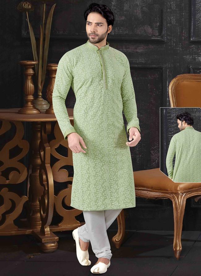 Pista Green Lucknowi Festival Wear Thread Work Kurta Pajama