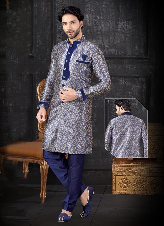 Blue Jacquard Indo Western Weaving Wedding Wear Sherwani