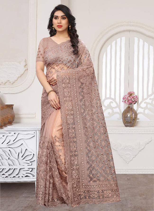 Light Brown Net Party Wear Moti Work Saree