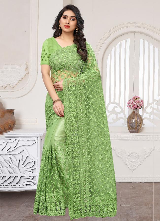 Light Green Net Party Wear Moti Work Saree