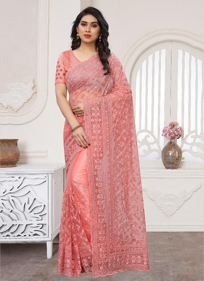 Pink Net Party Wear Moti Work Saree