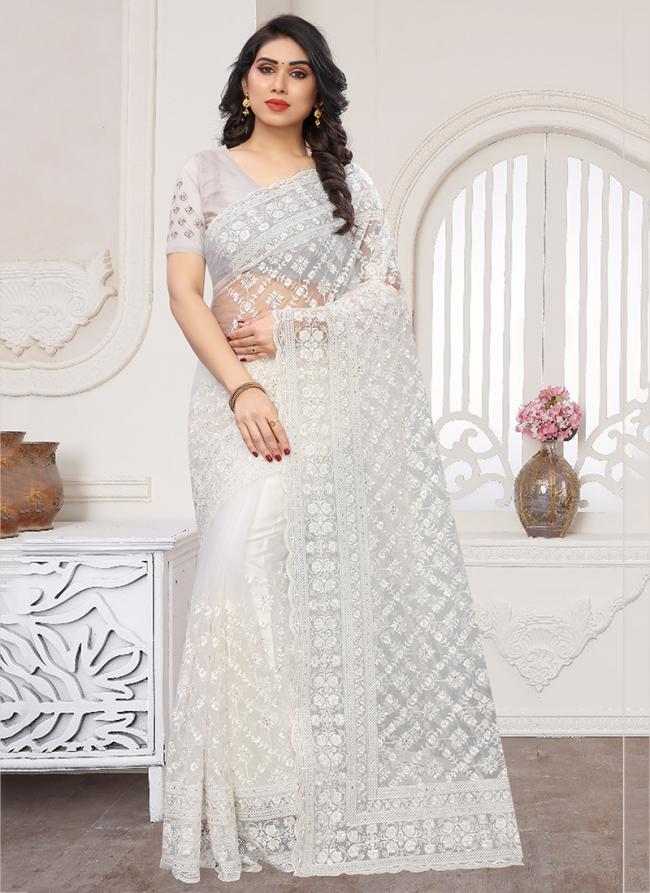 White Net Party Wear Moti Work Saree