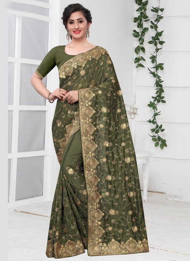 Green Vichitra Silk Wedding Wear Stone Work Saree