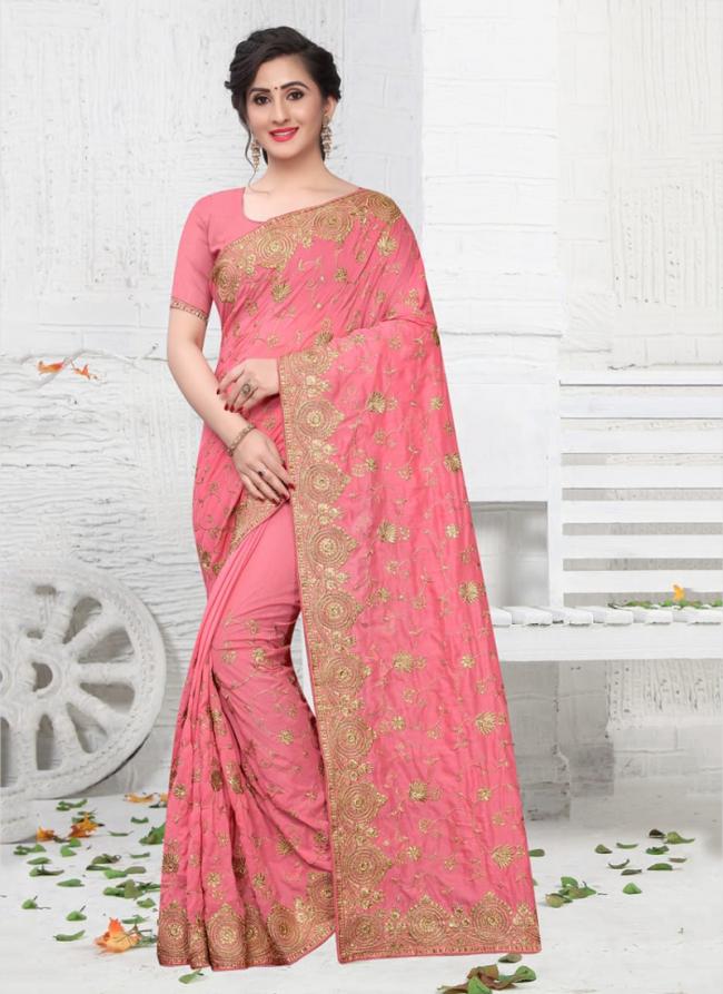 Pink Vichitra Silk Wedding Wear Stone Work Saree