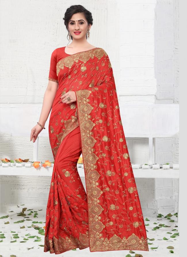 Red Vichitra Silk Wedding Wear Stone Work Saree