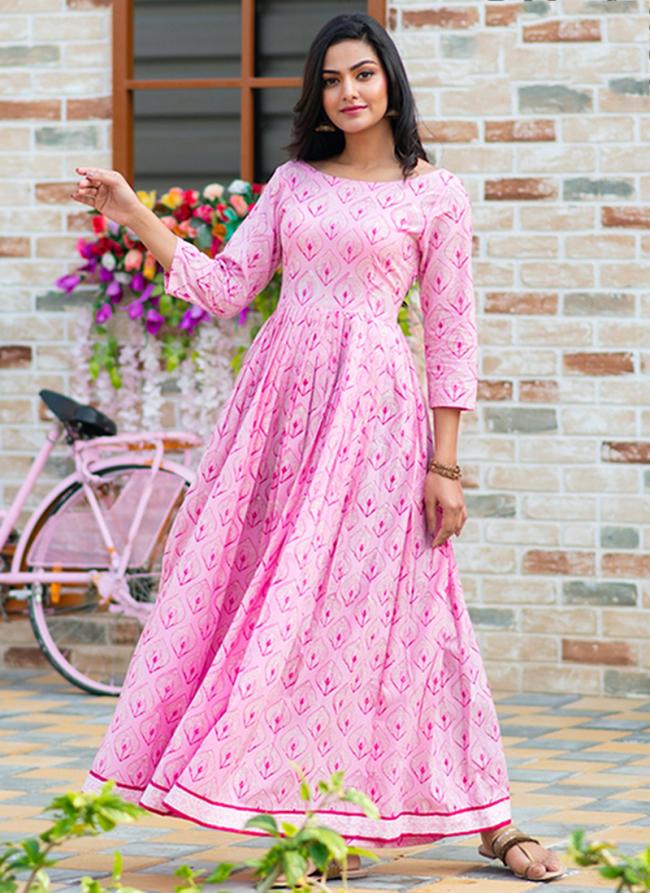 Pink Pure Muslin Casual Wear Printed Work Gown