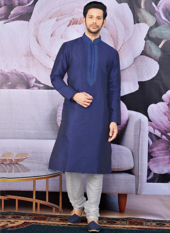 Blue Banarasi Silk Party Wear Embroidery Work Kurta Pajama