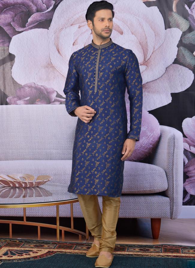 Embroidery Work Navy Blue Banarasi Jacquard Festival Wear Kurta Pajama