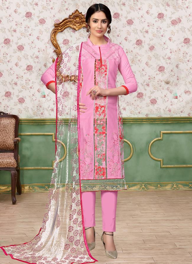 Pink Glace Cotton Daily Wear Embroidery Work Churidar Suit