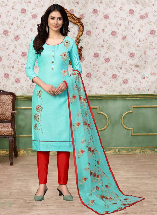 Sea green Glace Cotton Daily Wear Embroidery Work Churidar Suit