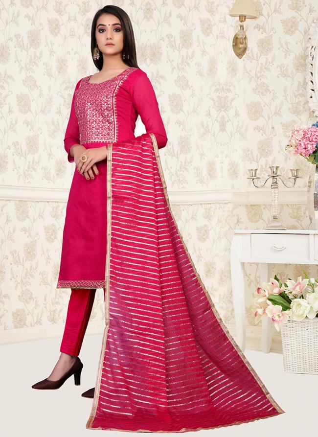 Pink Modal Chanderi Daily Wear Hand Work Churidar Suit