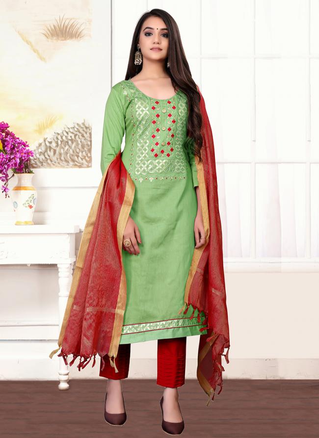 Green Glace Cotton Daily Wear Hand Work Churidar Suit