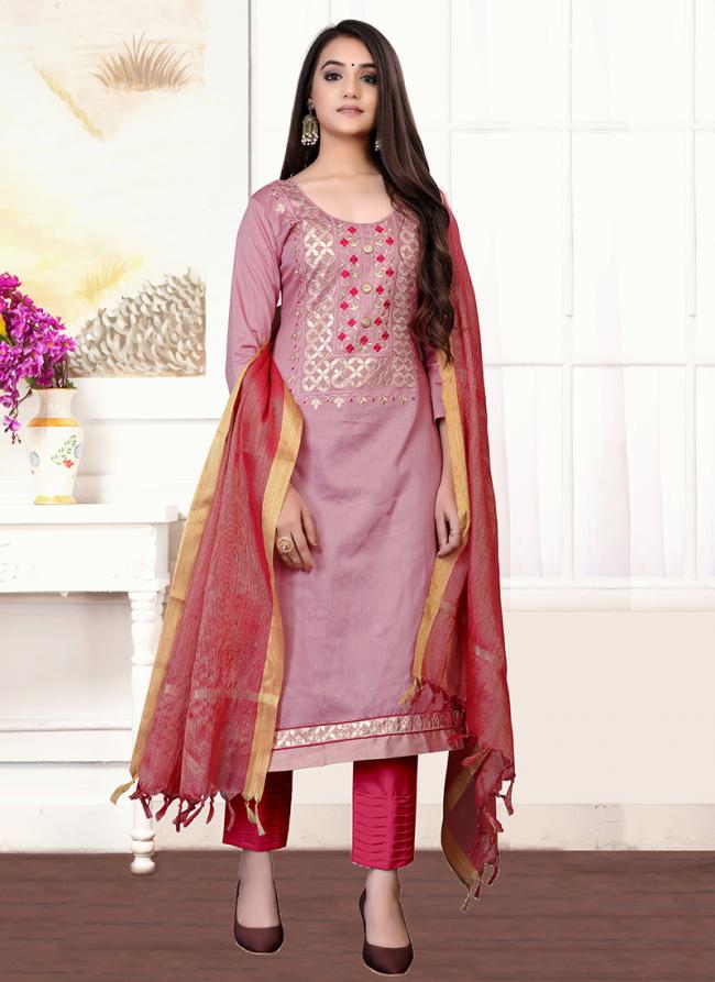 Pink Glace Cotton Daily Wear Hand Work Churidar Suit