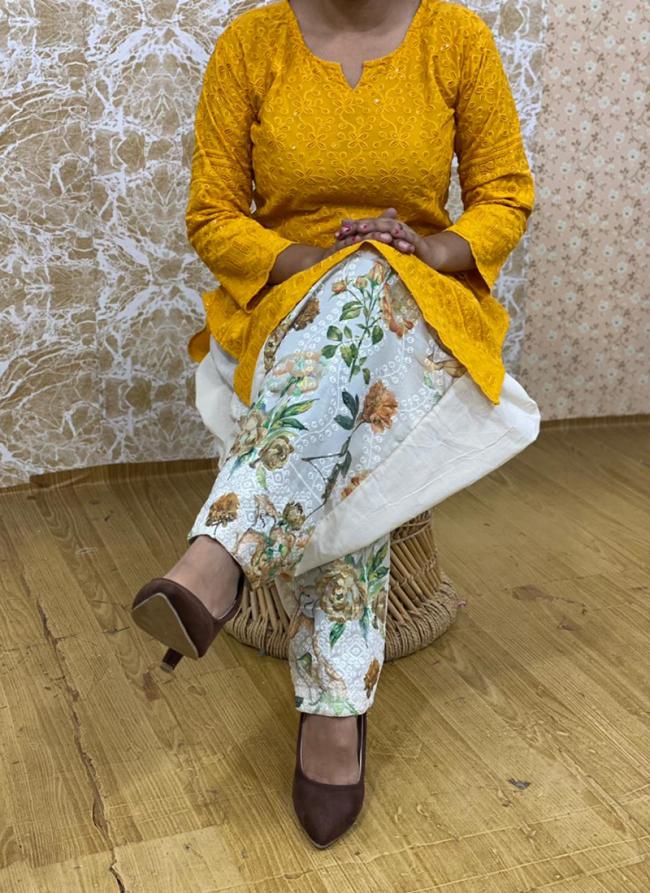 Yellow Pure Cotton Festival Wear Chikankari Kurti With Patiyala