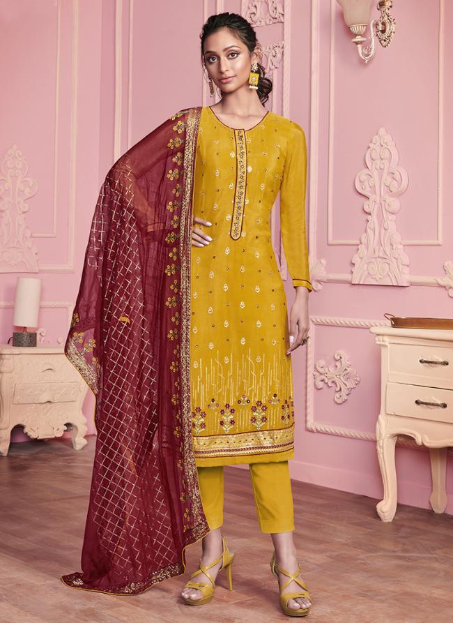 Yellow Georgette Party Wear Hand Work Straight Suit