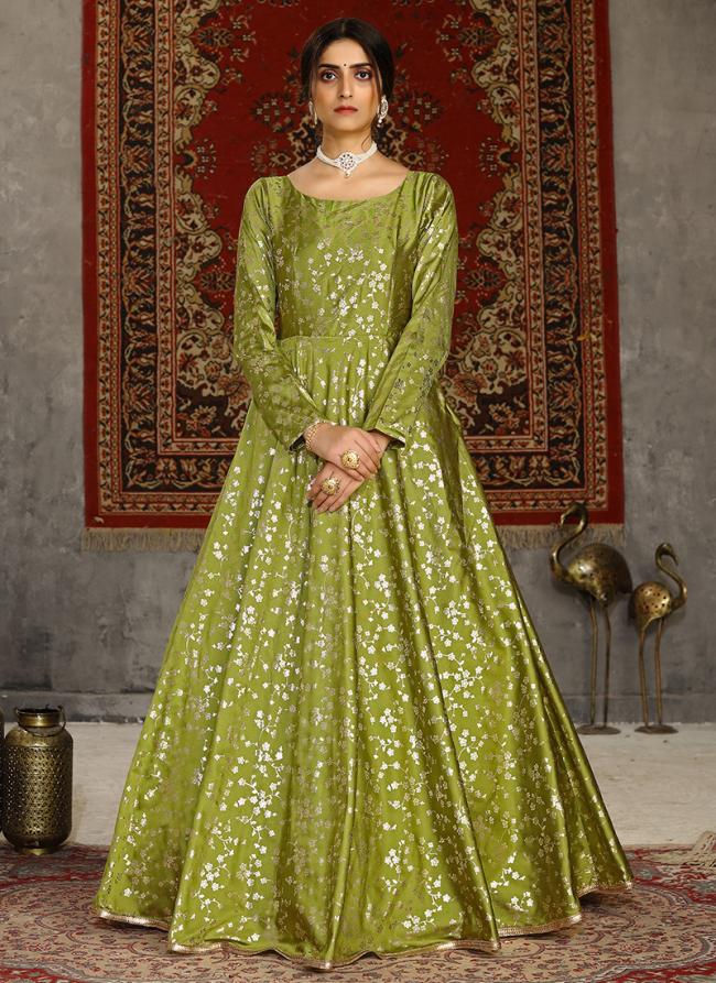 Green Tapeta Silk Party Wear Foil Printed Gown