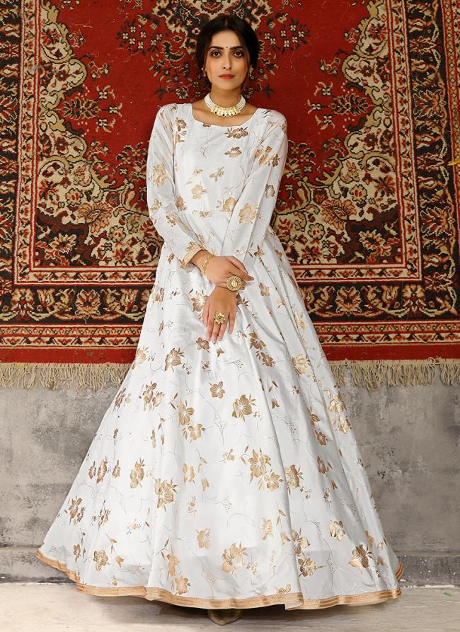 White Tapeta Silk Party Wear Foil Printed Gown