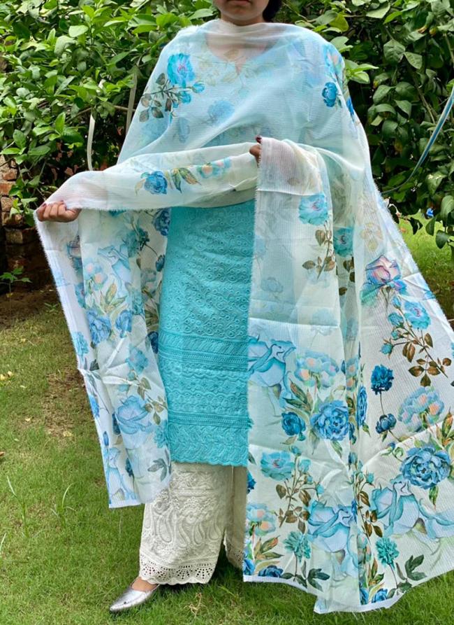 Sky blue Pure Cotton Party Wear Chiikankari Kurti With Dupatta