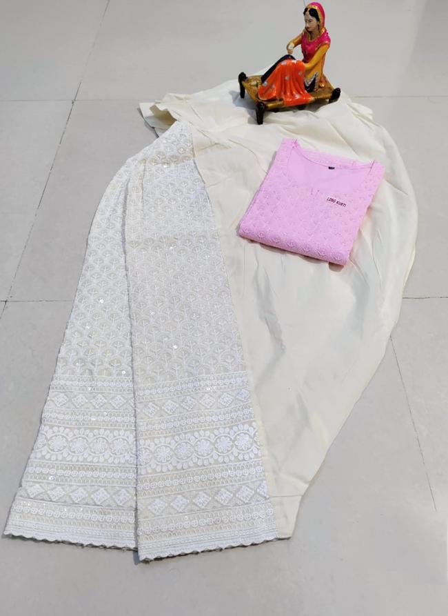 Light Pink Pure Cotton Traditional Wear Chikan Work Kurti With Patiyala