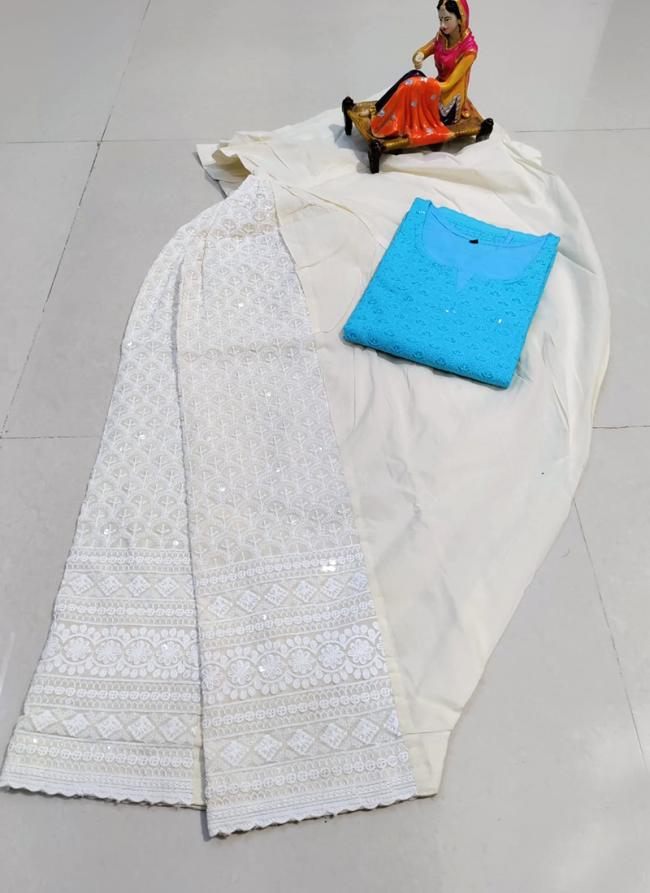 Sky blue Pure Cotton Traditional Wear Chikan Work Kurti With Patiyala