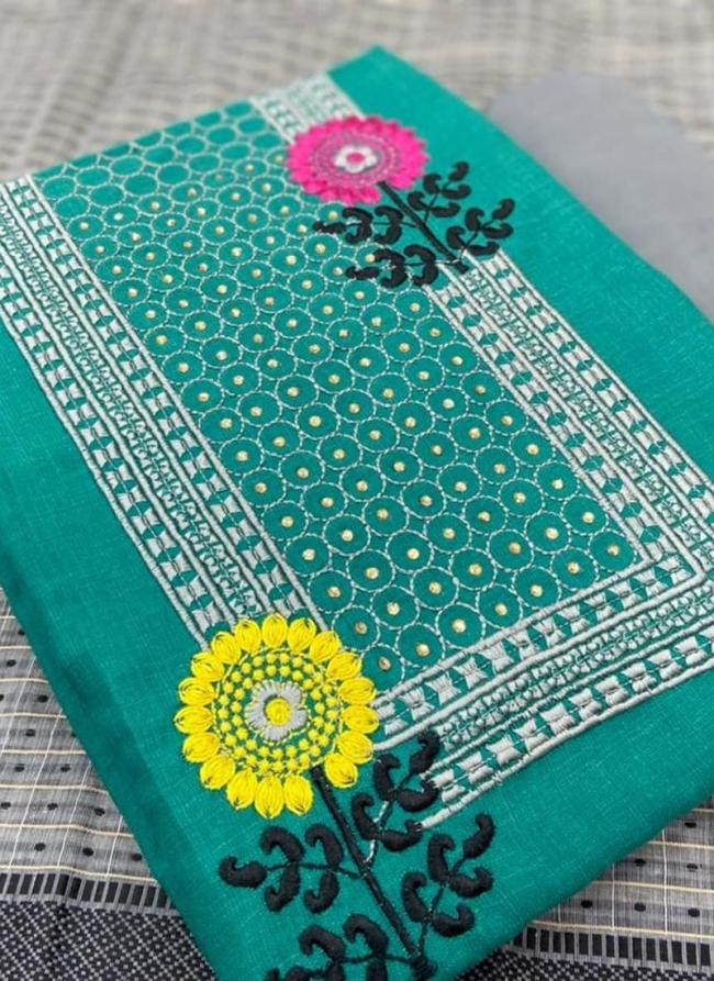 Teal Green Slub Cotton Casual Wear Embroidery Work Dress Material