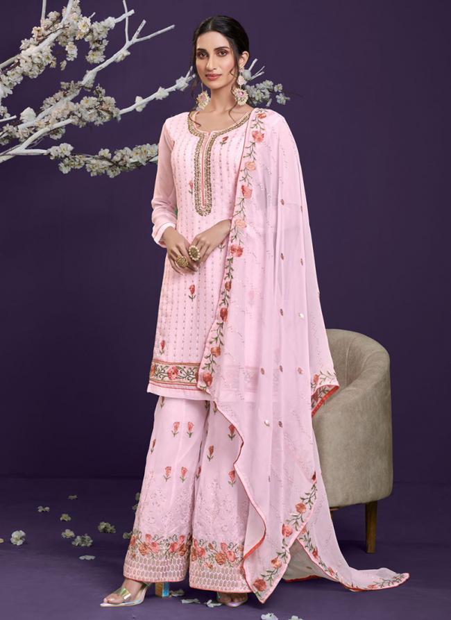 Blush Georgette Party Wear Embroidery Work Sharara Suit