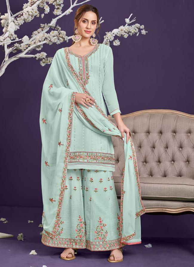 Teal Green Georgette Party Wear Embroidery Work Sharara Suit