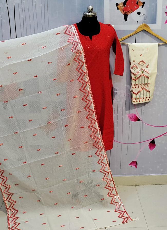 Red Pure Cotton Traditional Wear Sequins Work Readymade Salwar Suit