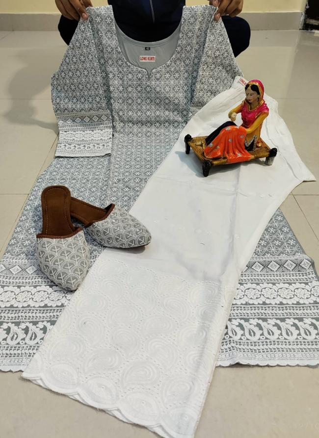 Grey Cotton Traditional Wear Chikan Work Readymade Salwar Suit