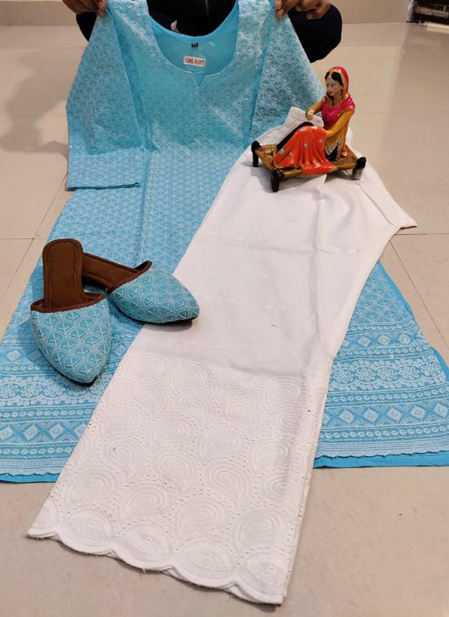 Sky Blue Cotton Traditional Wear Chikan Work Readymade Salwar Suit