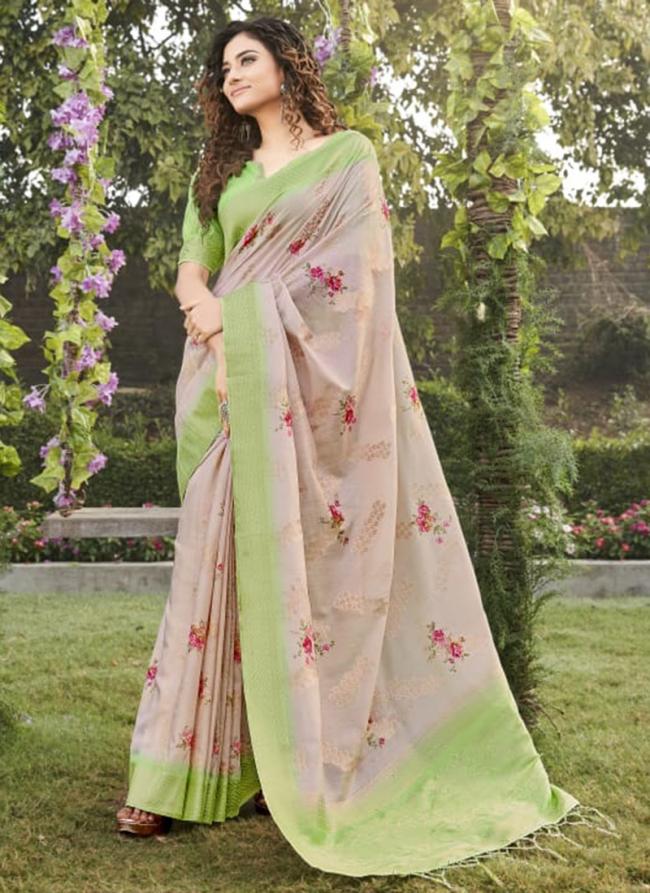 Light Grey Banarasi Silk Festival Wear Digital Printed Saree
