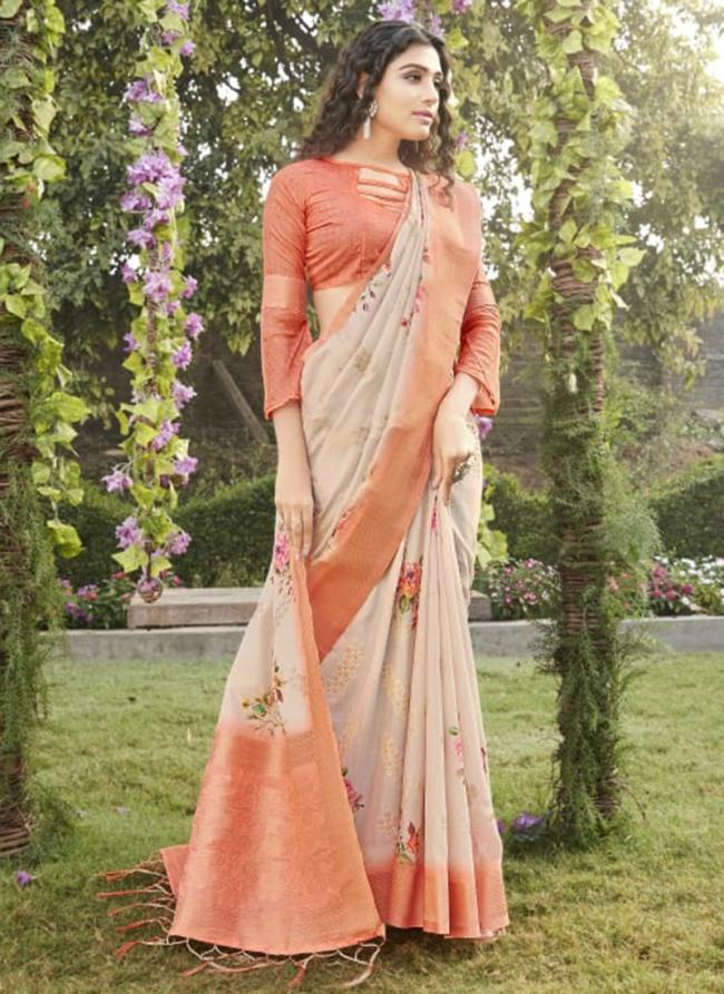 Peach Banarasi Silk Festival Wear Digital Printed Saree