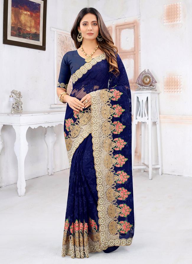 Navy blue Net Reception Wear Moti Work Saree