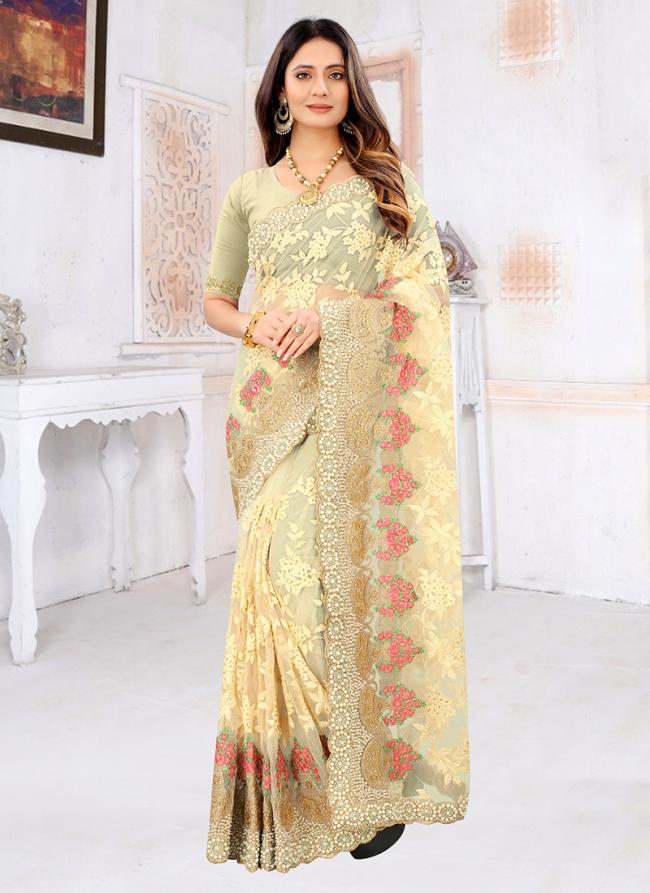 Yellow Net Reception Wear Moti Work Saree