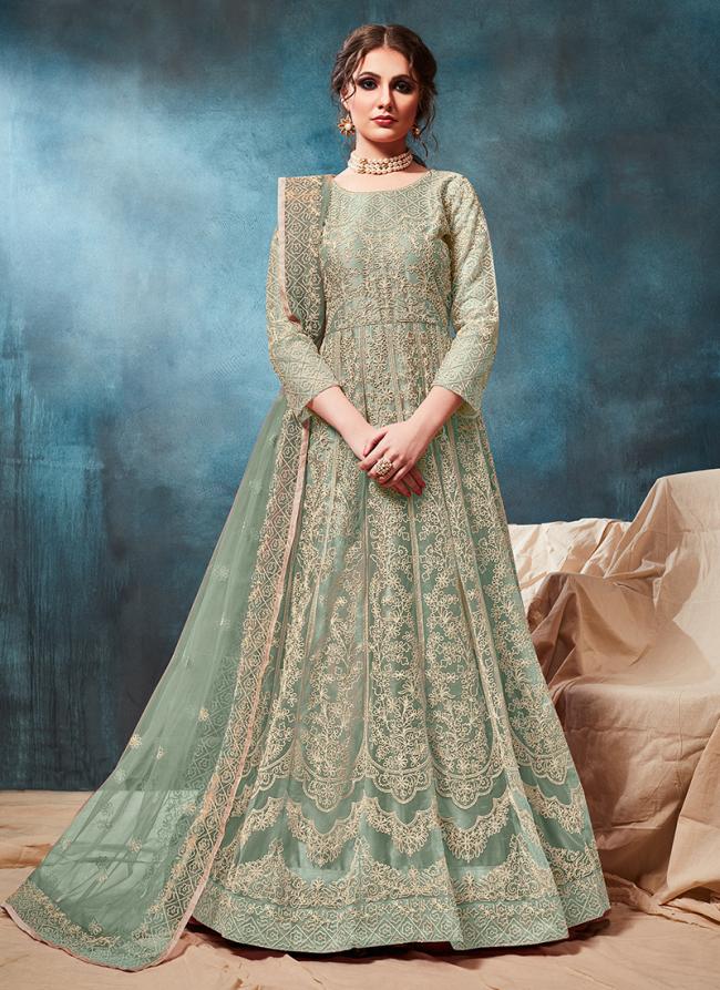 Light Green Net Reception Wear Embroidery Work Anarkali Suit