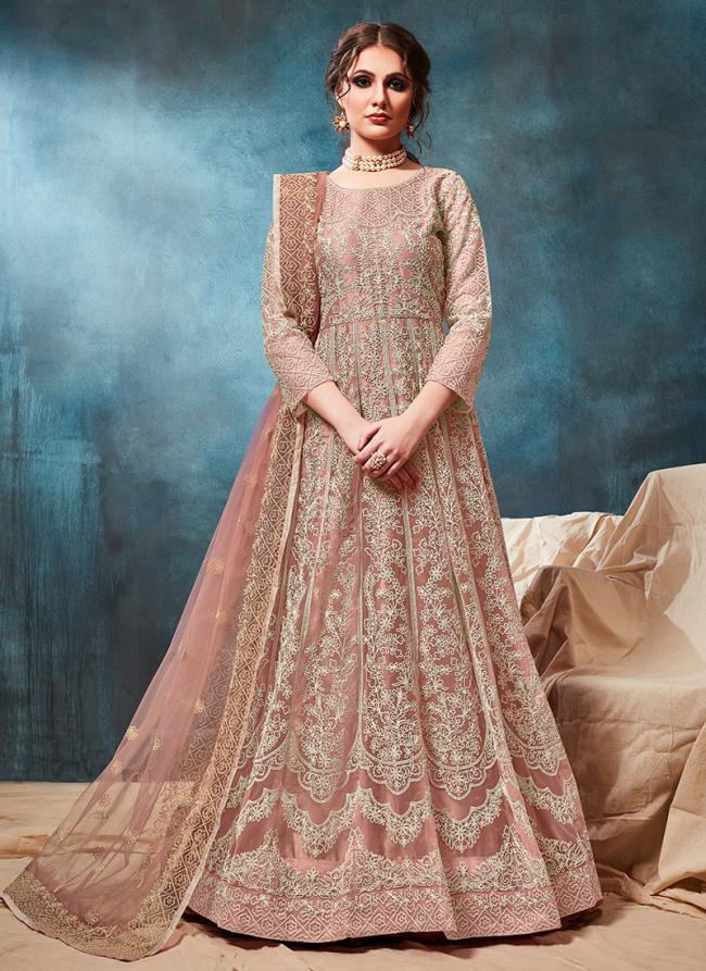 Peach Net Reception Wear Embroidery Work Anarkali Suit